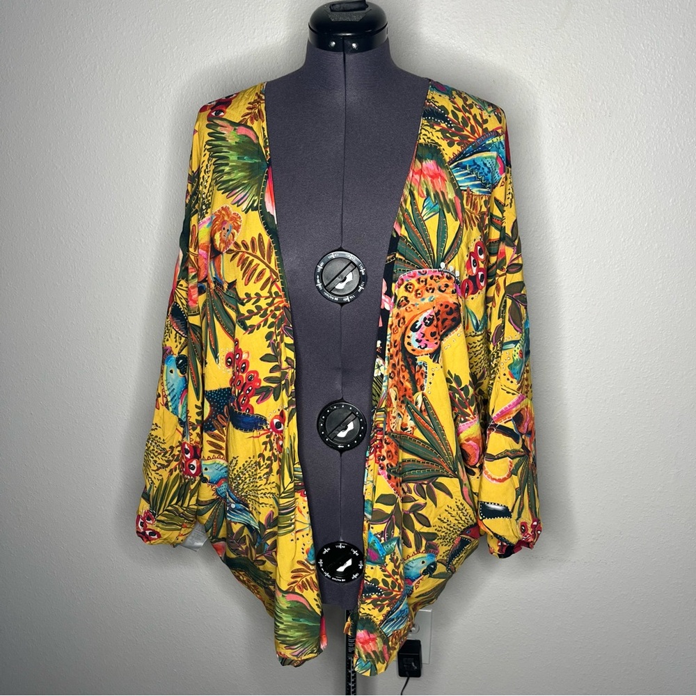 Farm Rio Floral Garden Reversible Open Front Kimono Animal Print Boho Topper - Picture 3 of 16